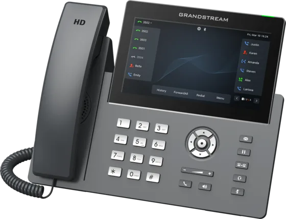 Teléfono IP Grandstream GRP2670 mostrando las extensiones de una centralita telefónica